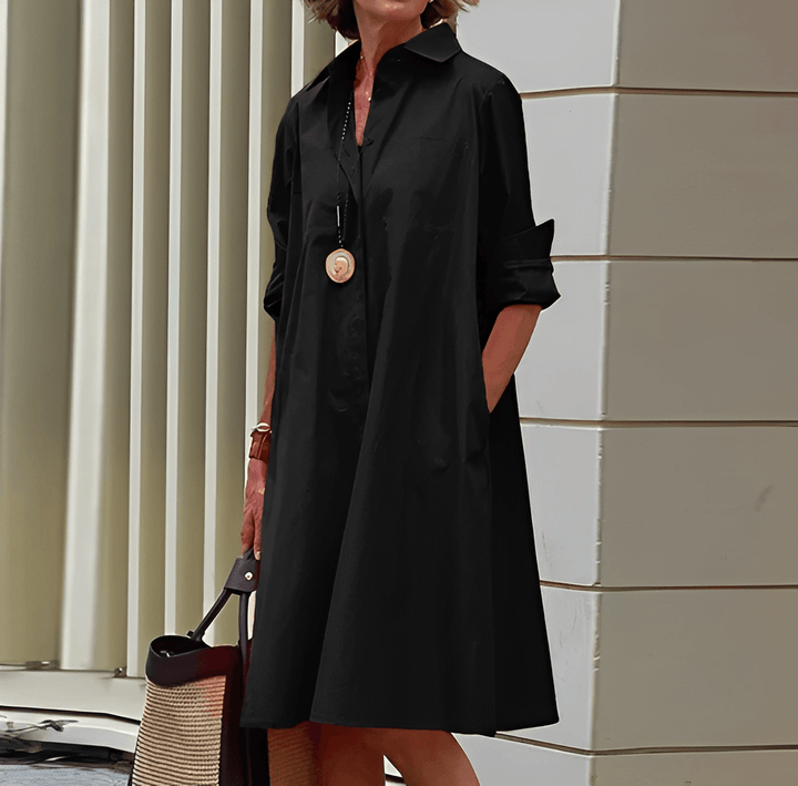 Schickes Damen Herbstkleid, Langarm Shirtdress mit elegantem Umschlagkragen. Ideal für den Frühling.