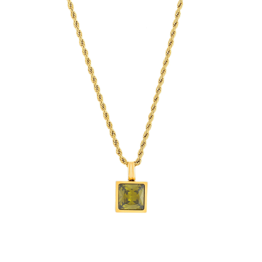 Moderne Damen Halskette Gold aus Edelstahl, grüne Zirkon-Anhänger an einer stilvollen Rope Chain.