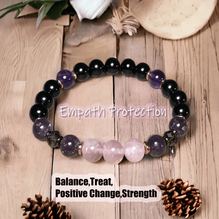 Elegantes Damenarmband mit glänzenden Rosenquarz, Obsidian & Amethyst Perlen.