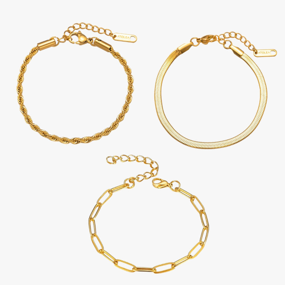 Elegantes 3er Set goldener Edelstahl-Kettenarmbänder für Damen, ideal zum Layering, wasserfest & hypoallergen.