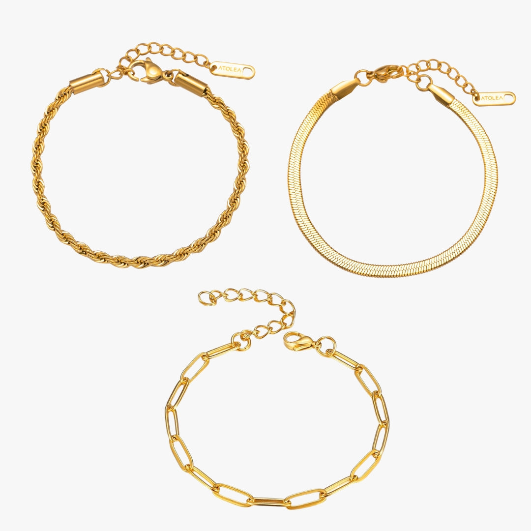 Elegantes 3er Set goldener Edelstahl-Kettenarmbänder für Damen, ideal zum Layering, wasserfest & hypoallergen.