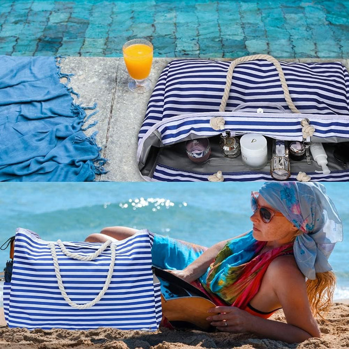 Stylische, wasserdichte Damen-Sommertasche für den Strandurlaub; extra groß & mit Bonus-Reiseetui.