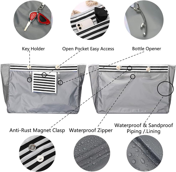 Damen-Strandtasche CoastCarry, wasserdicht & extra groß, mit Reiseetui am Sandstrand, bereit für den Urlaub.