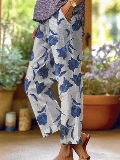 Elegante Damen Freizeithose mit weitem Bein, Blumenmuster und elastischem Bund für Frühling & Sommer.