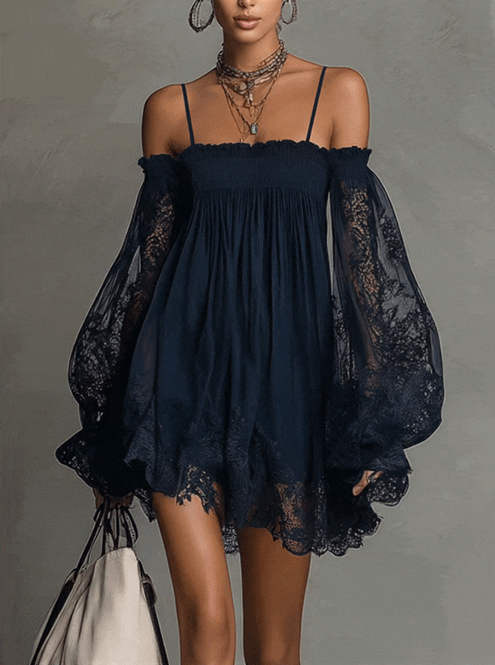 Kurzes marineblaues Abendkleid für Damen, stilvoll und bequem, im A-Linien-Schnitt.