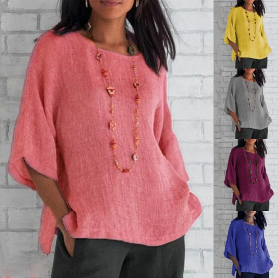 Bequeme, entspannte Damen Tunika-Bluse mit Kurzarm. Oversize-Stil, atmungsaktiv & luftig für warme Tage.