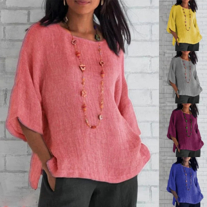 Bequeme, entspannte Damen Tunika-Bluse mit Kurzarm. Oversize-Stil, atmungsaktiv & luftig für warme Tage.