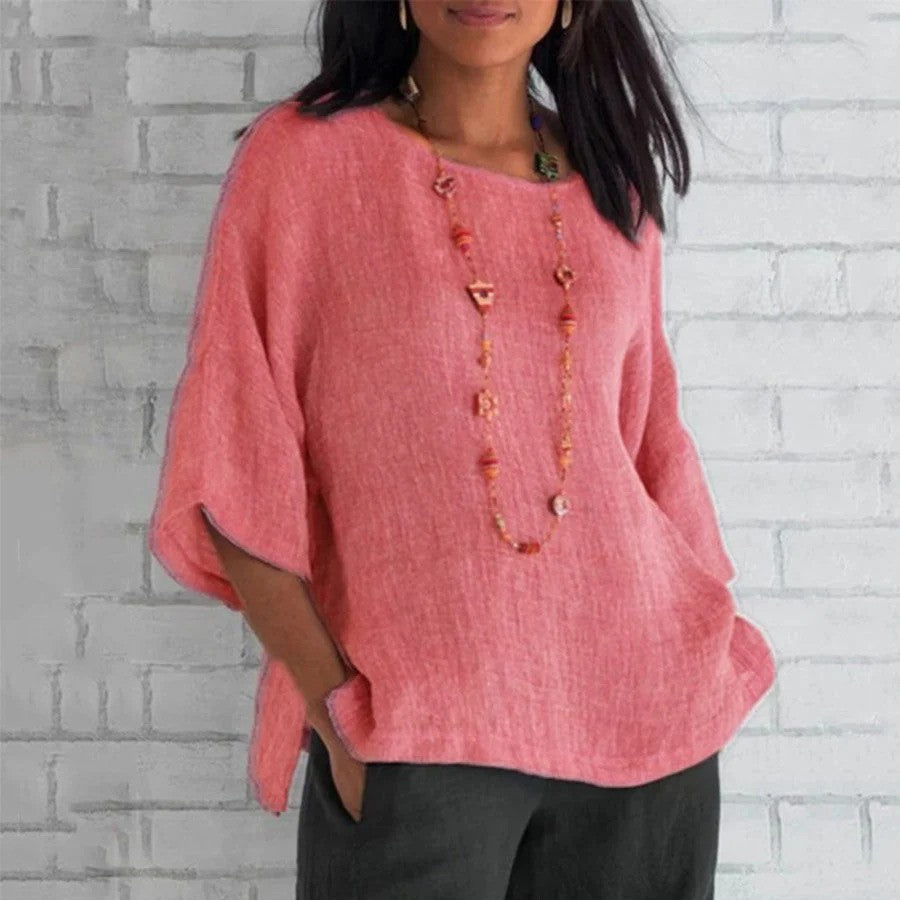 Elegante, lässige Damen Kurzarmbluse für Sommer. Leichte, atmungsaktive Hemdbluse in Tunika-Form für Freizeit.