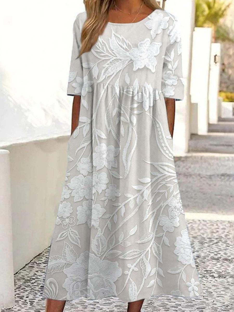Bequemes A-Linie Damen Midikleid mit farbenfrohem Print, Kurzarm & Seitentaschen; ein elegantes Sommer-Freizeitkleid.