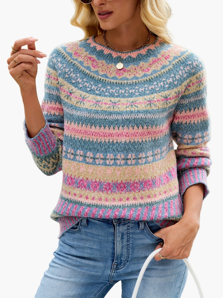Warmer Damen Strickpullover mit klassischem Fair Isle Muster, perfekt für kalte Herbst- und Wintertage.