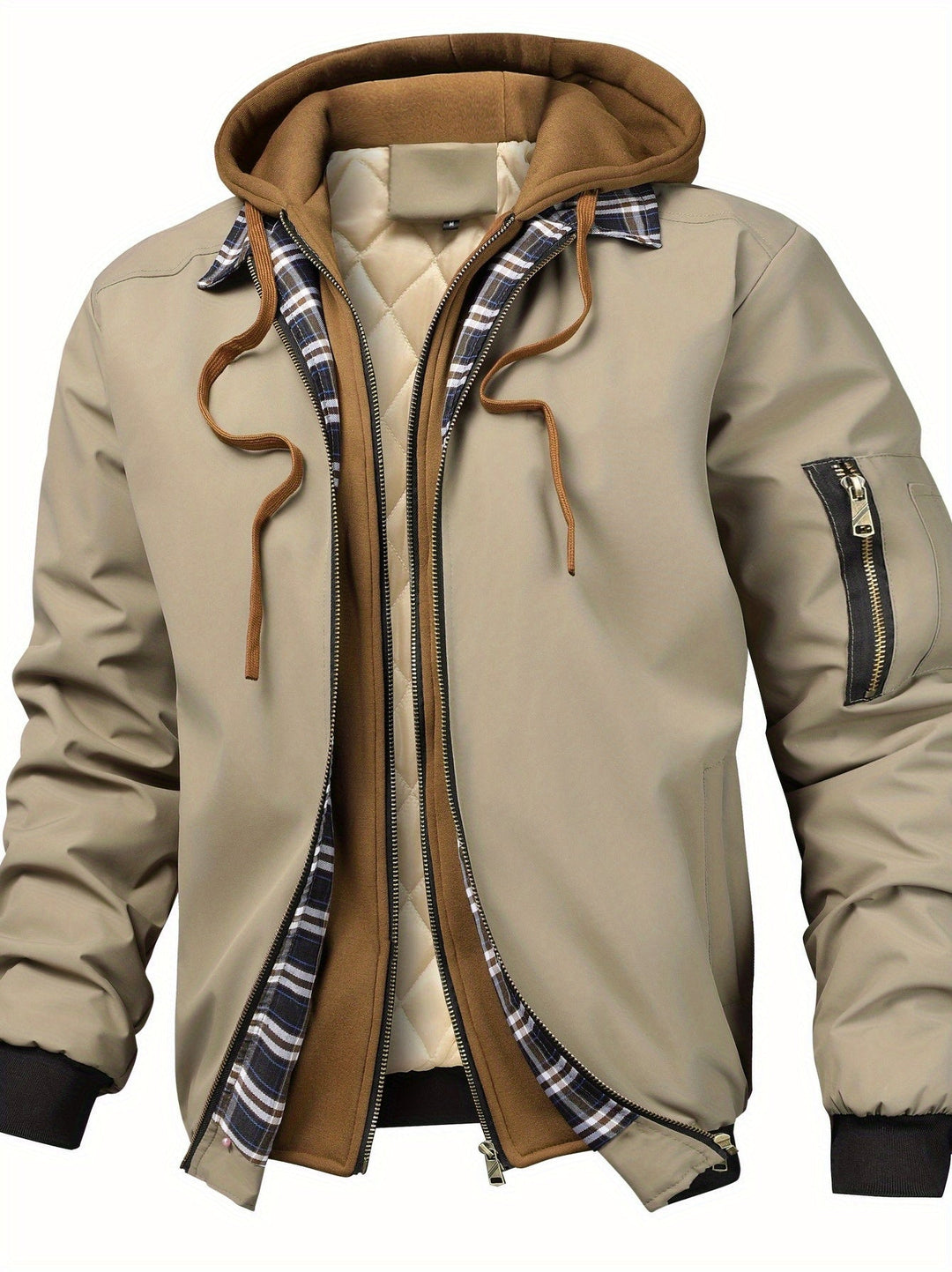 Nahaufnahme der gesteppten Textur einer Herren Bomberjacke mit Kapuze. Isoliert & bequem für kalte Tage.