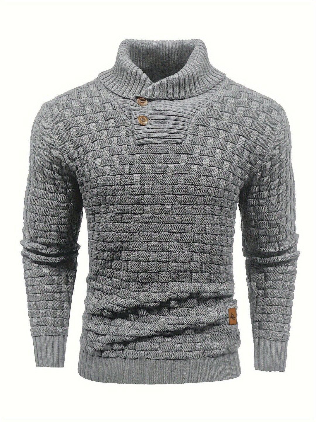 Detailaufnahme des Herren Pullovers: Waffelstruktur und luxuriöser Schalkragen.