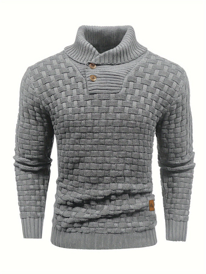 Detailaufnahme des Herren Pullovers: Waffelstruktur und luxuriöser Schalkragen.
