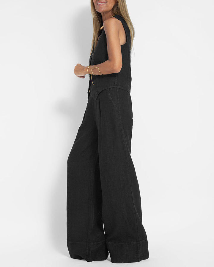 Sommerlicher Damen Zweiteiler: Ärmellose Leinenweste & luftige weite Hose.