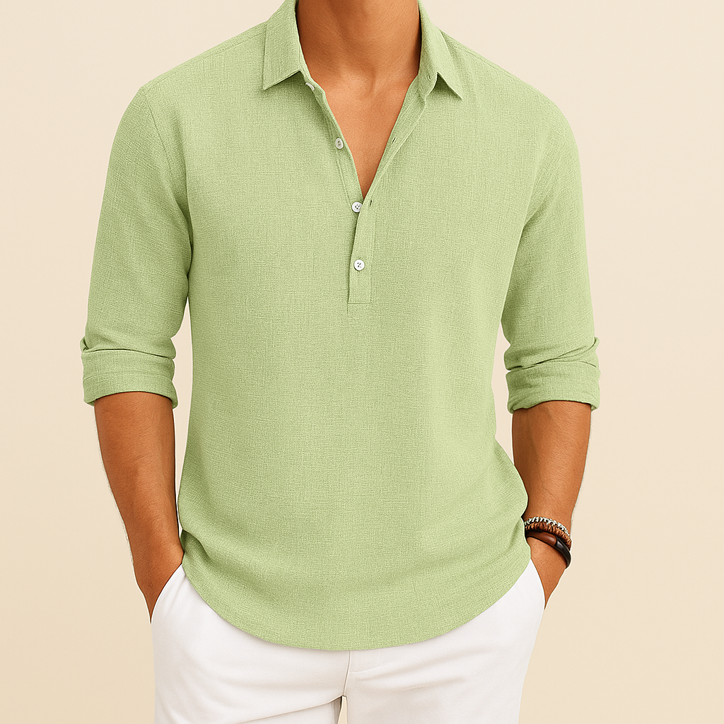 Seitenansicht des bequemen Herren Langarm Henley Poloshirts, klassisch & vielseitig für jeden Mann.