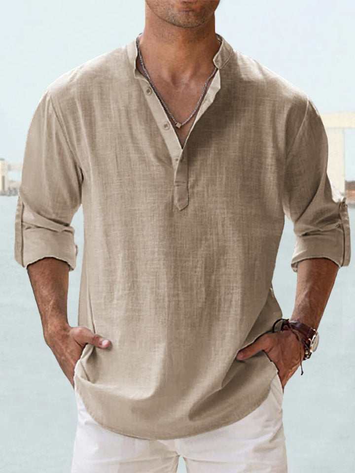Elegantes Langarm-Henley für Herren mit Stehkragen, vielseitig für Frühling, Sommer und Freizeit.
