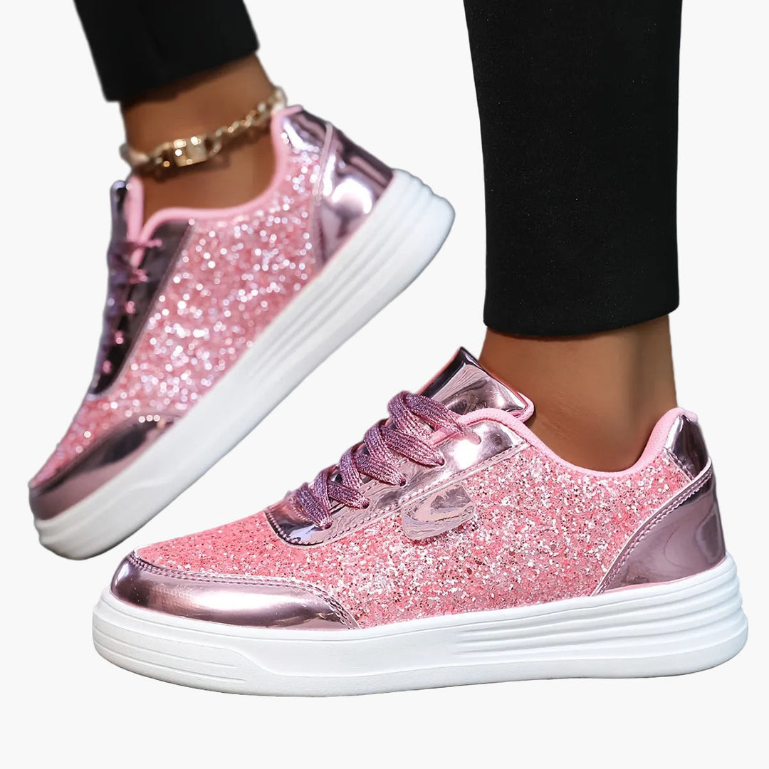 Bequeme Damen Glitzer Sneaker mit Plateau, ideal für Freizeit & Party. Funkelnd & trendig für jede Frau.