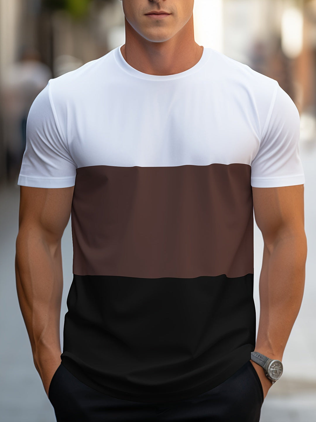 Modernes Colorblock Kurzarm T-Shirt für Herren, Streetwear-tauglich, Rundhals.