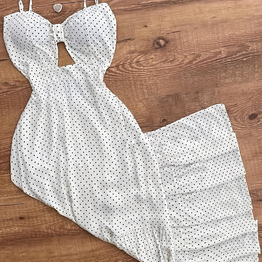 Damen Sommer-Maxikleid mit Punkten, Volants, Spaghettiträgern und Herz-Ausschnitt, Rot.