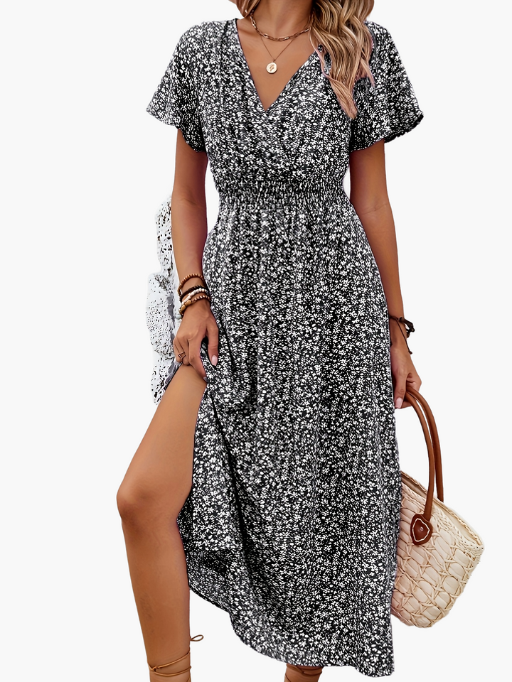 Trendiges Frühlingskleid für Damen, Blumenprint, V-Ausschnitt, elegant und bequem.