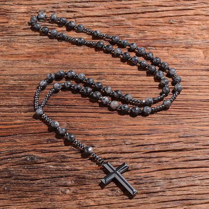Herren-Kreuzhalskette, Rosenkranz-Stil mit Edelsteinen, Tigerauge und Lapislazuli. Geschenk für ihn.