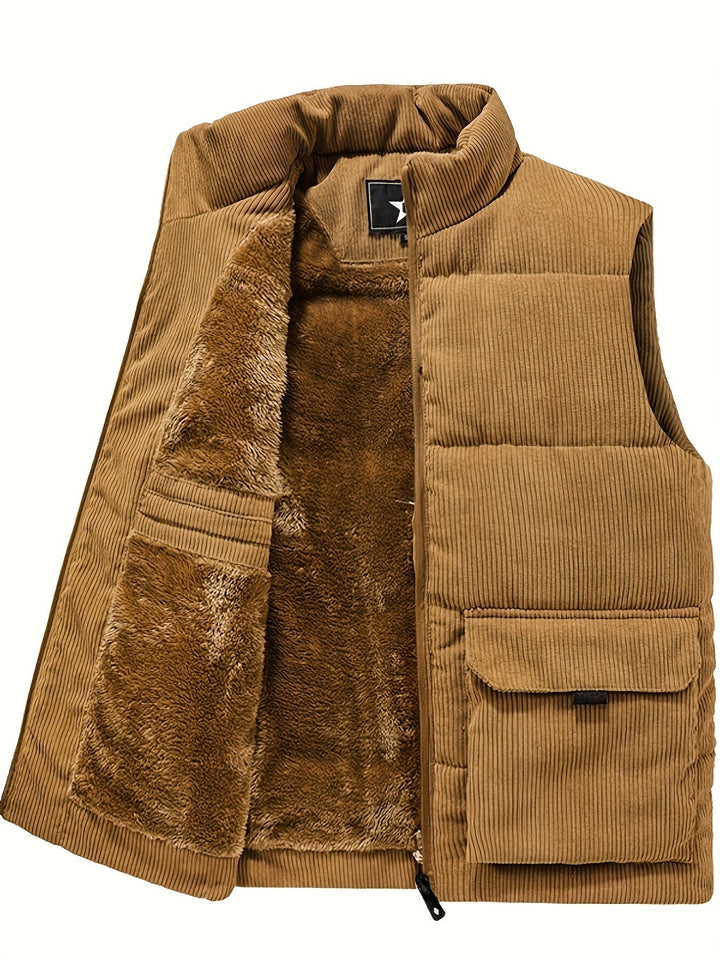 Detailansicht: Stehkragen, Reißverschluss & Taschen an warmer Herren Cord Steppweste für Herbst & Winter.