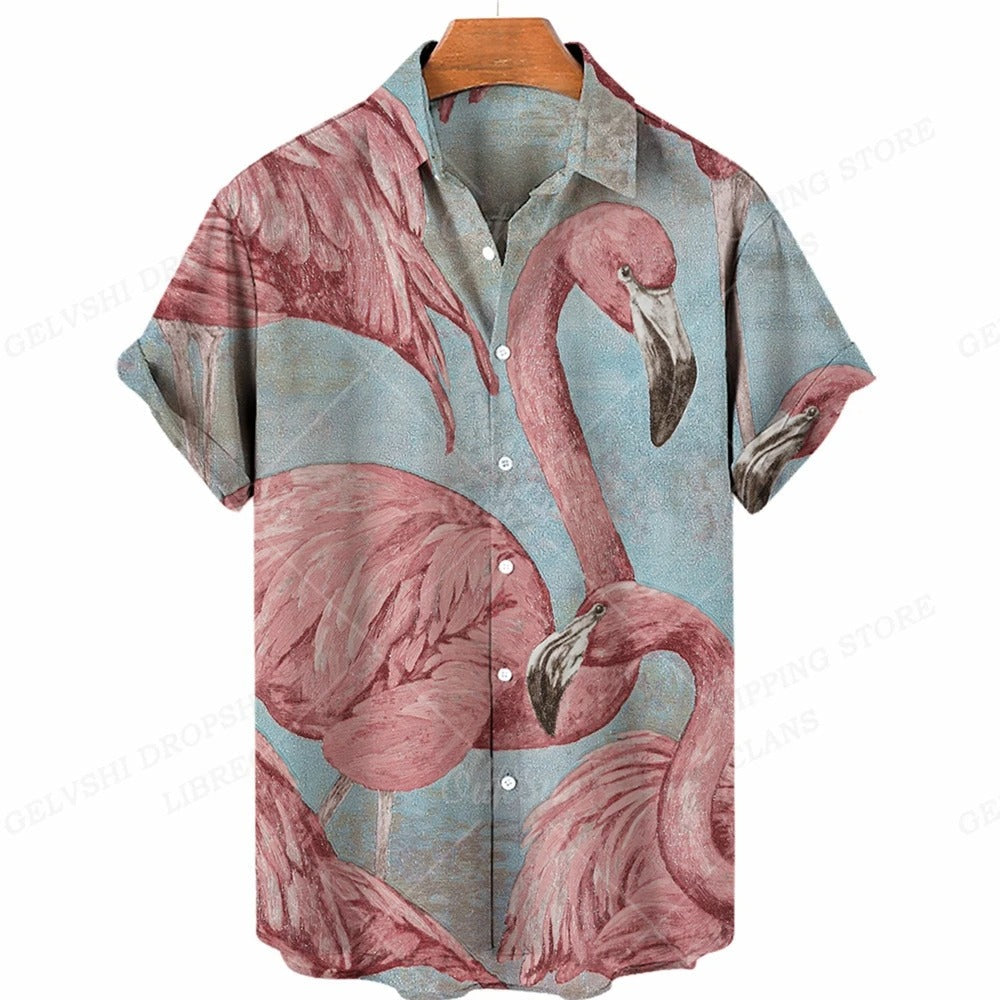 Stilvolles Herren Sommerhemd mit detailreichem 3D Flamingo Muster; perfekt für den Urlaub.