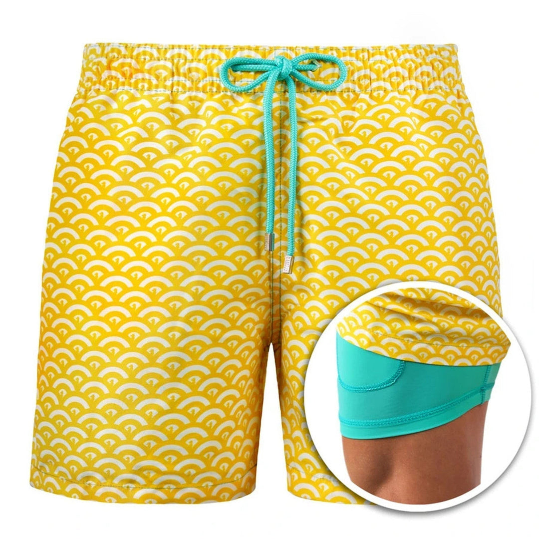 Doppellagige Herren-Badeshorts, stilvolles Design für Schwimmen & Strandtage.