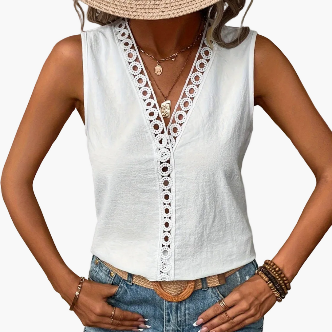 Schickes Damen Spitzentop, ärmellos mit V-Ausschnitt. Perfekte Wahl für Sommermode.