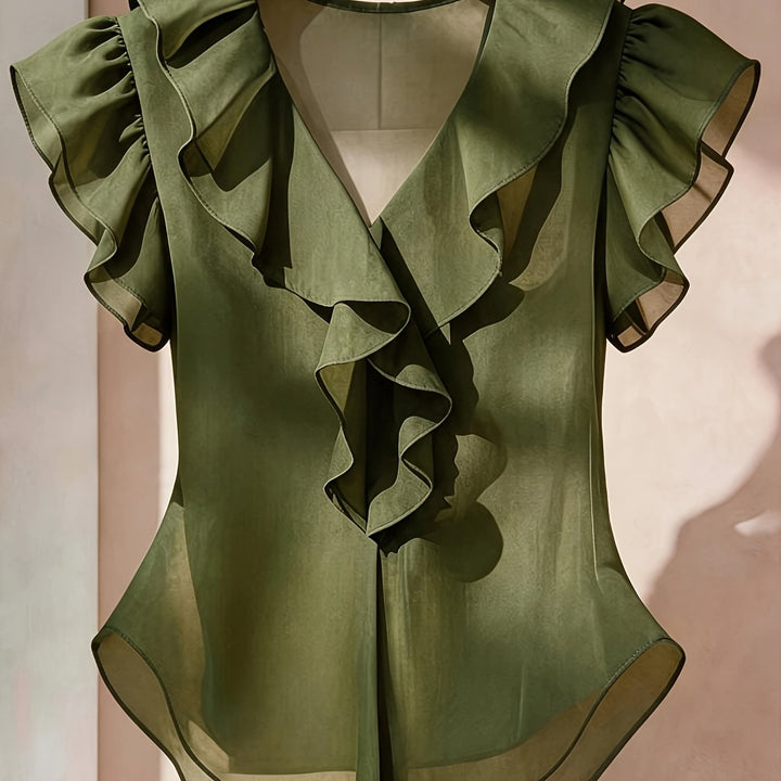 Damenbluse für Frühling: Rüschen, V-Ausschnitt, Volantärmel. Frisch & modern.
