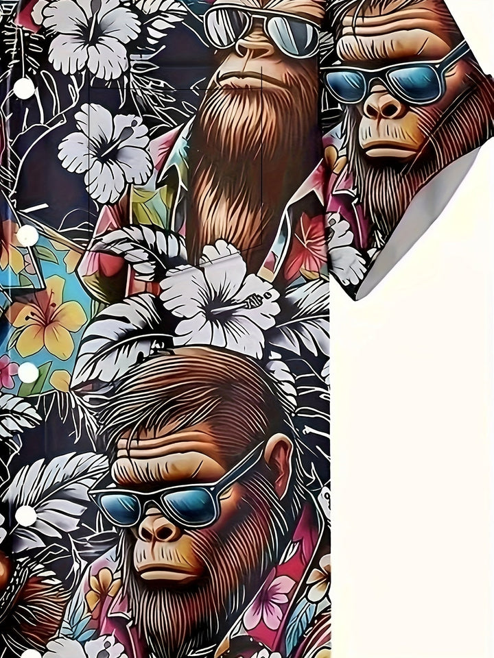 Großes Größen Herren Hawaiihemd mit tropischem Gorilla-Print, ideal für Strand & Freizeit.