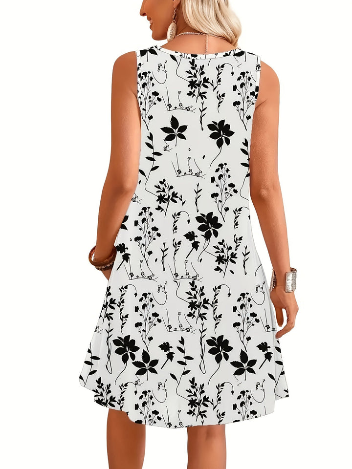 Frühlings- und Sommerkleid für Damen, ärmellos, mit modernem Blumenmuster. Ideal für Freizeit.