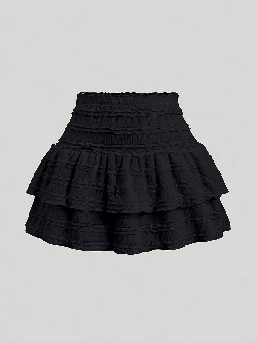 Gestufter Damen Minirock in A-Linie mit verspielten Rüschen im Boho-Stil, ein luftiger Freizeitrock.