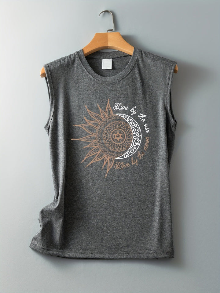 Trendiges Damen Sommer Top: Rundhals Tanktop mit Sonne-Mond Mandala für Freizeit.