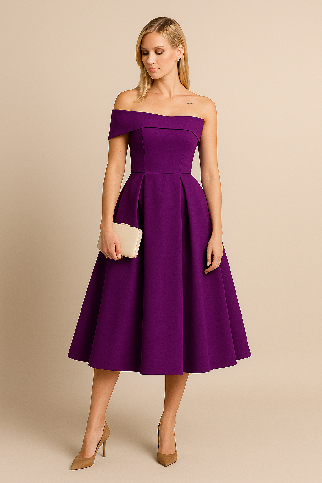 Feminines A-Linien Festkleid, schulterfrei, mit schwungvollem Rock. Ein Must-have für stilvolle Damen.