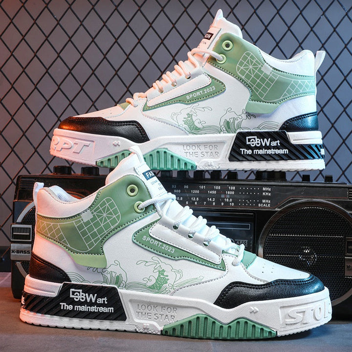 Weiß-blaue High-Top Unisex Sneaker, atmungsaktiv & leicht. Komfortable Sportschuhe mit Gummisohle für Herbst.