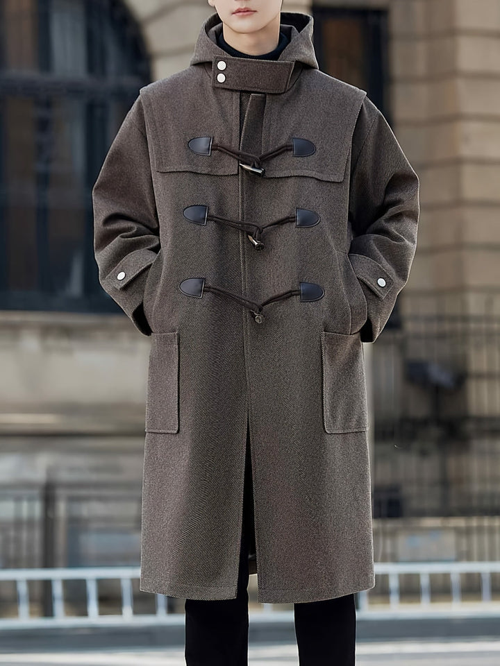 Warmer Herren Dufflecoat mit Knebelverschluss & Kapuze, ideal für Outdoor & Freizeit im Winter.