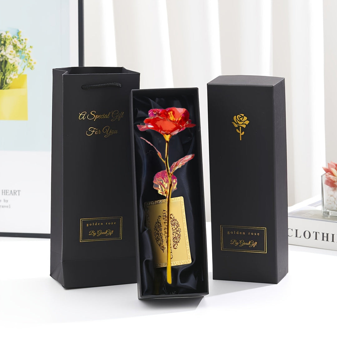 Präsentfertiges Luxus-Geschenkset mit ewiger Kunstrose; ein unvergessliches und edles Damengeschenk.