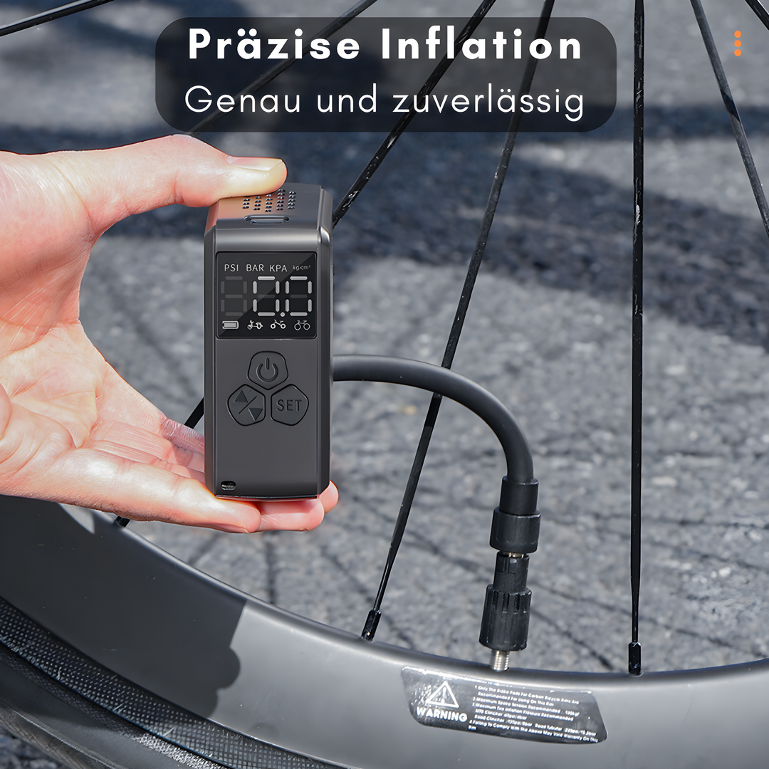 PowerPump Mini Akkupumpe: Vielseitiger Reifenfüller für Fahrrad, Auto & Motorrad. Mit USB-C, digitaler Anzeige.