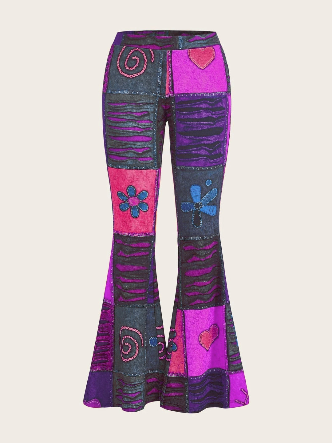 Moderne Damen Bootcut-Hose mit abstraktem Print, Bundbereich und Schnitt detailgetreu abgebildet.