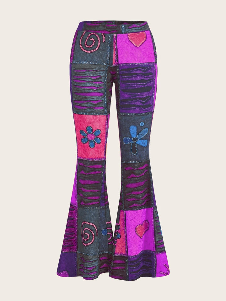 Moderne Damen Bootcut-Hose mit abstraktem Print, Bundbereich und Schnitt detailgetreu abgebildet.