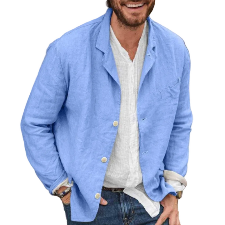 Rückenansicht der einfarbigen Herren Freizeitjacke mit regulärer Passform. Ideale Übergangsjacke für Herrenmode.