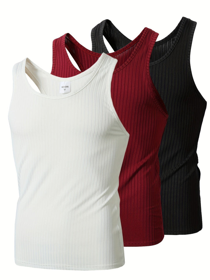 Herren Ripp Tanktop 3er Pack in Schwarz, Weiß, Grau für Sport & Freizeit. Basic Muskelshirt Set.