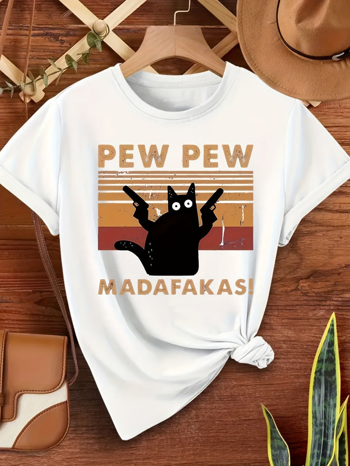 Damen T-Shirt mit 'PEW PEW MADAFaKAS!' Katze. Lustiges Katzen Shirt im Vintage Stil, sehr bequem.