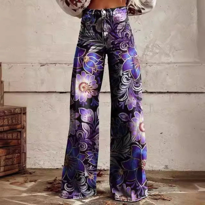 Damen Retro Schlaghose mit auffälligem Blumenmuster, ideal für stylische Freizeit-Looks.
