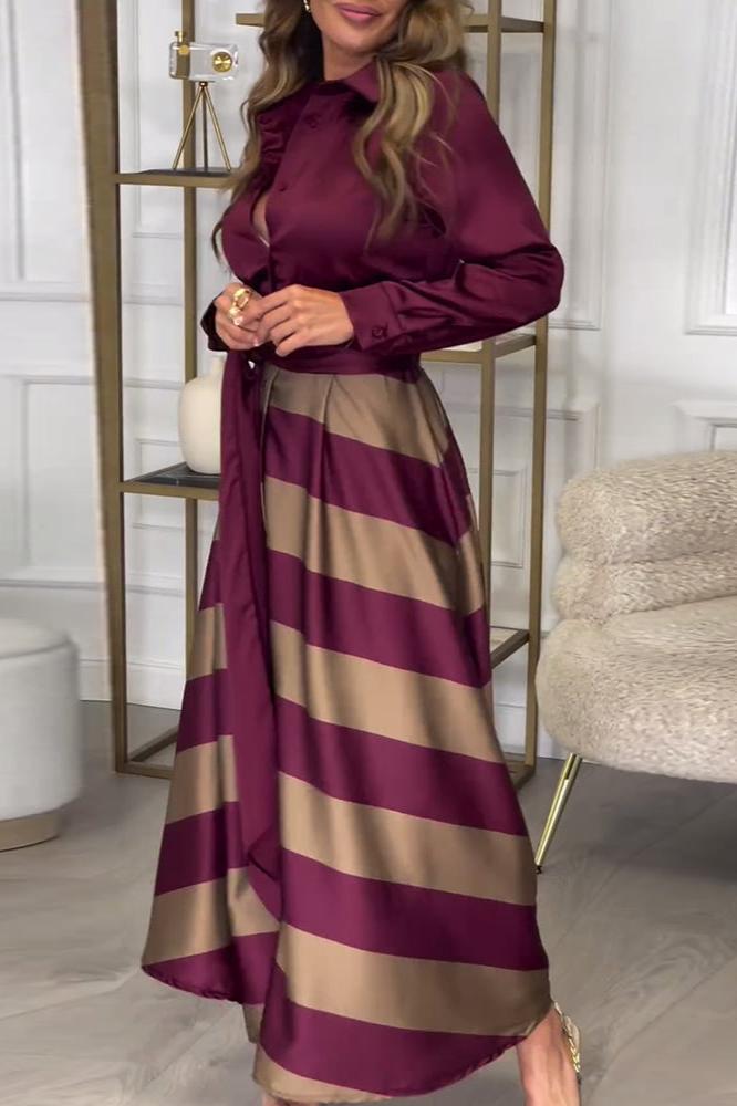 Gestreiftes A-Linien Maxikleid für Damen, vielseitig als Freizeitkleid oder elegantes Abendkleid. Rotes & schwarzes Design.