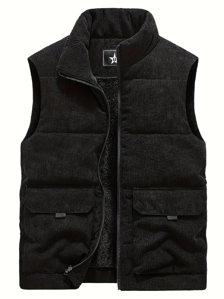 Mann trägt lässige, gefütterte Herren Cord Steppweste mit Stehkragen. Perfekt für ein warmes Herbst-Outfit.