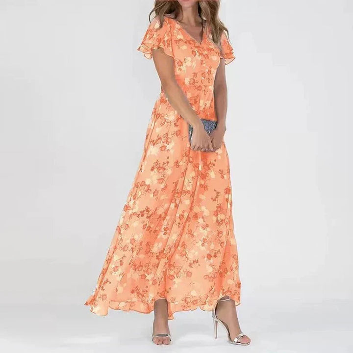 Schickes Damen Sommer Maxikleid mit V-Ausschnitt, leichtem Stoff, ideal als bequemes Freizeit- oder elegantes Urlaubskleid.