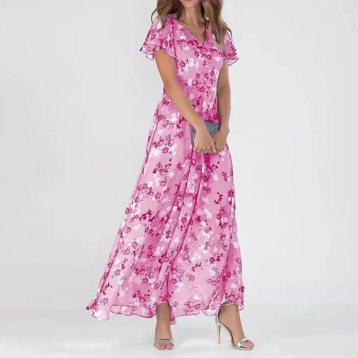 Elegantes Damen Sommer Maxikleid mit V-Ausschnitt und floralem Muster, ideal für festliche Anlässe oder Urlaub.