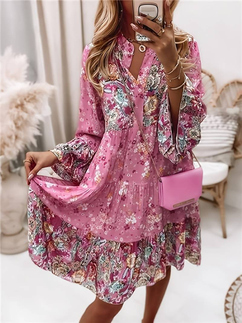 Damen Boho Midikleid, geblümt, V-Ausschnitt, Langarm. Fließendes Design für Sommer & Herbst.